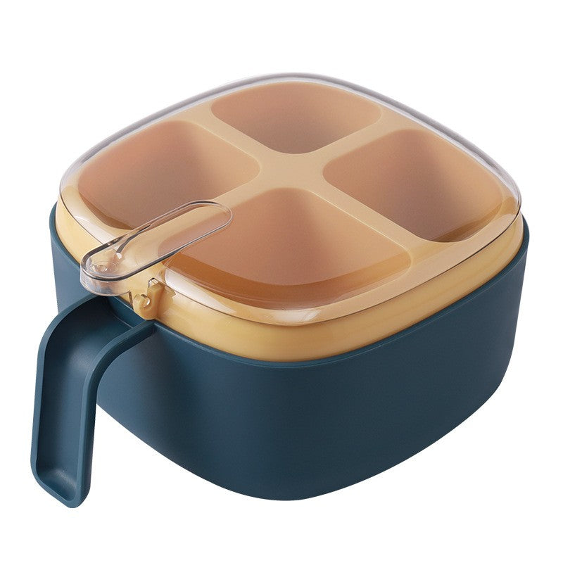 Recipient pentru condimente Flippy, 4 casute, potrivit pentru sare, cimbru, piper, condimente, 4 lingurite din plastic, capac din plastic, maner, 14x14x8 cm, albastru-0