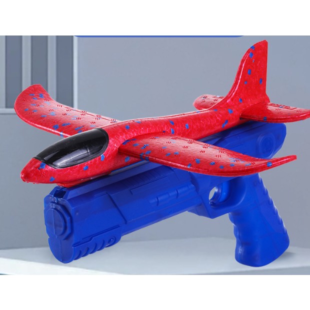 Pistol cu Lansator de Avion, Flippy, Pistol Albastru, Avion Rosu cu Lumini, cu Roti, 38 cm-0