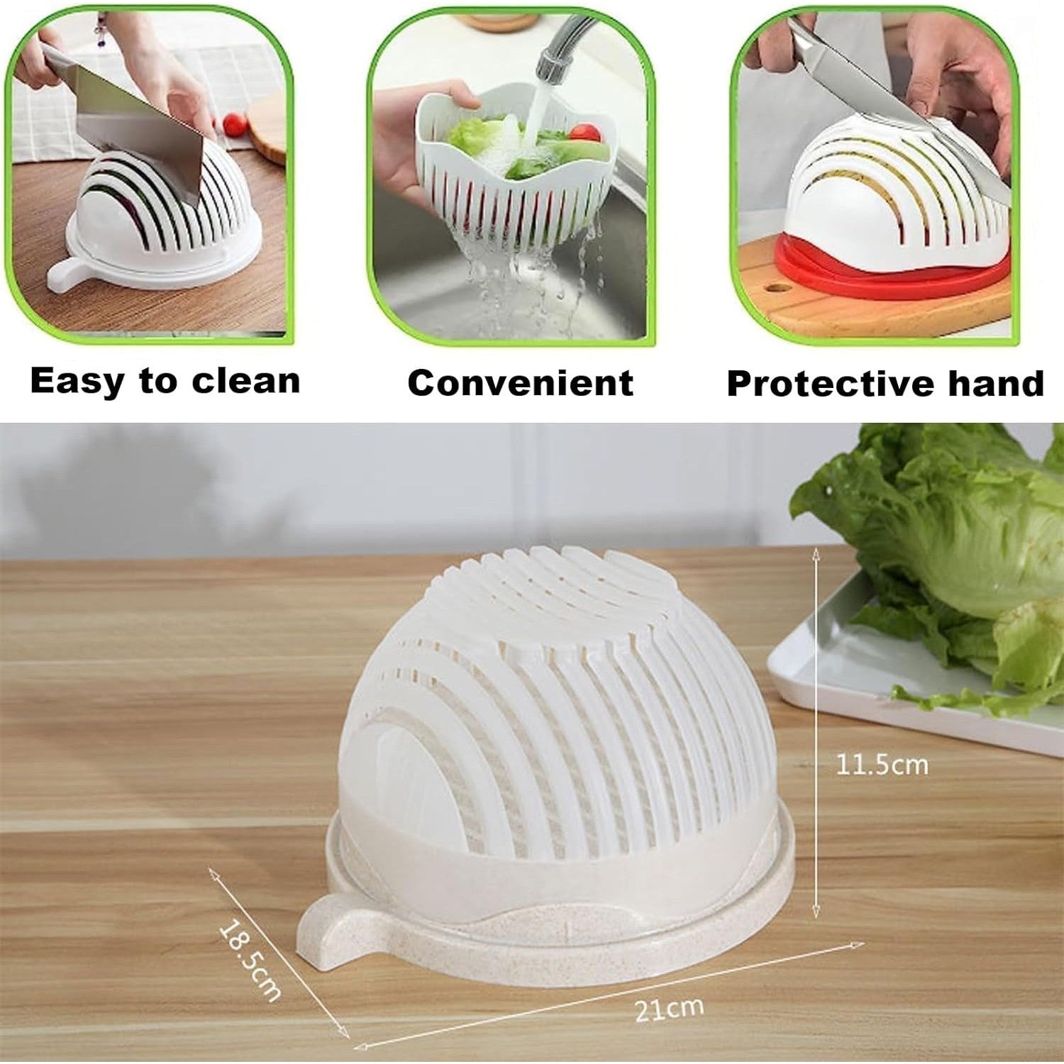 Bol Feliator pentru Salata, Flippy, Castron Multifunctional pentru Legume si Fructe, pentru Spalat si Taiat Legumele, cu Scurgere si Tocator, Ergonomic, Protectie pentru Maini, 21x18.5x11.5 cm, Alb-2