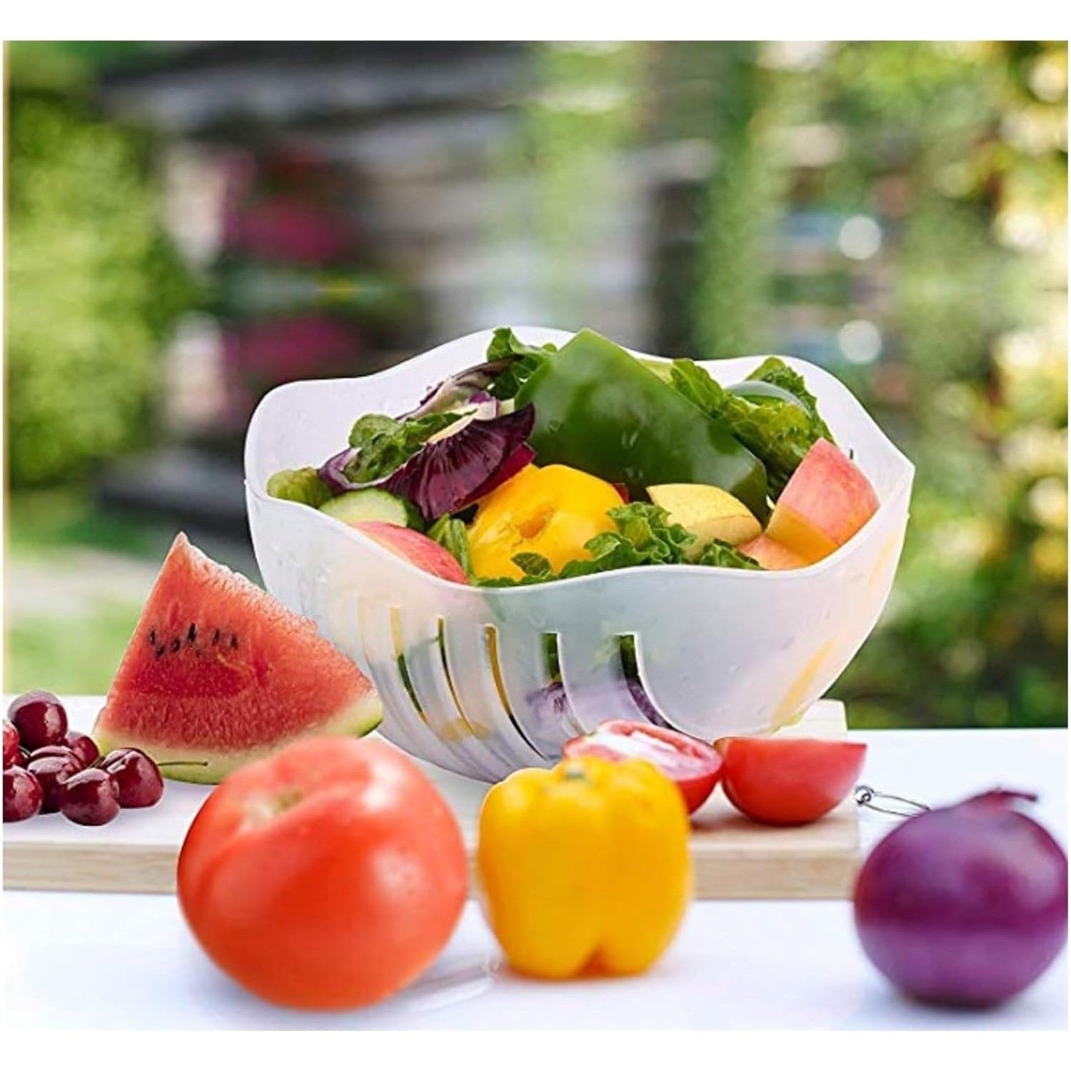 Bol Feliator pentru Salata, Flippy, Castron Multifunctional pentru Legume si Fructe, pentru Spalat si Taiat Legumele, cu Scurgere si Tocator, Ergonomic, Protectie pentru Maini, 21x18.5x11.5 cm, Roz-9