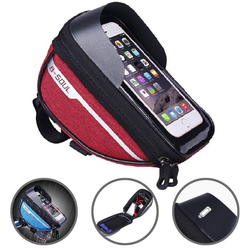 Borseta bicicleta impermeabila cu husa pentru telefon Flippy, montare pe ghidon, compatibila cu telefoane de pana la 16 cm, spatiu depozitare, 18.5x9.5 cm, rosu-1