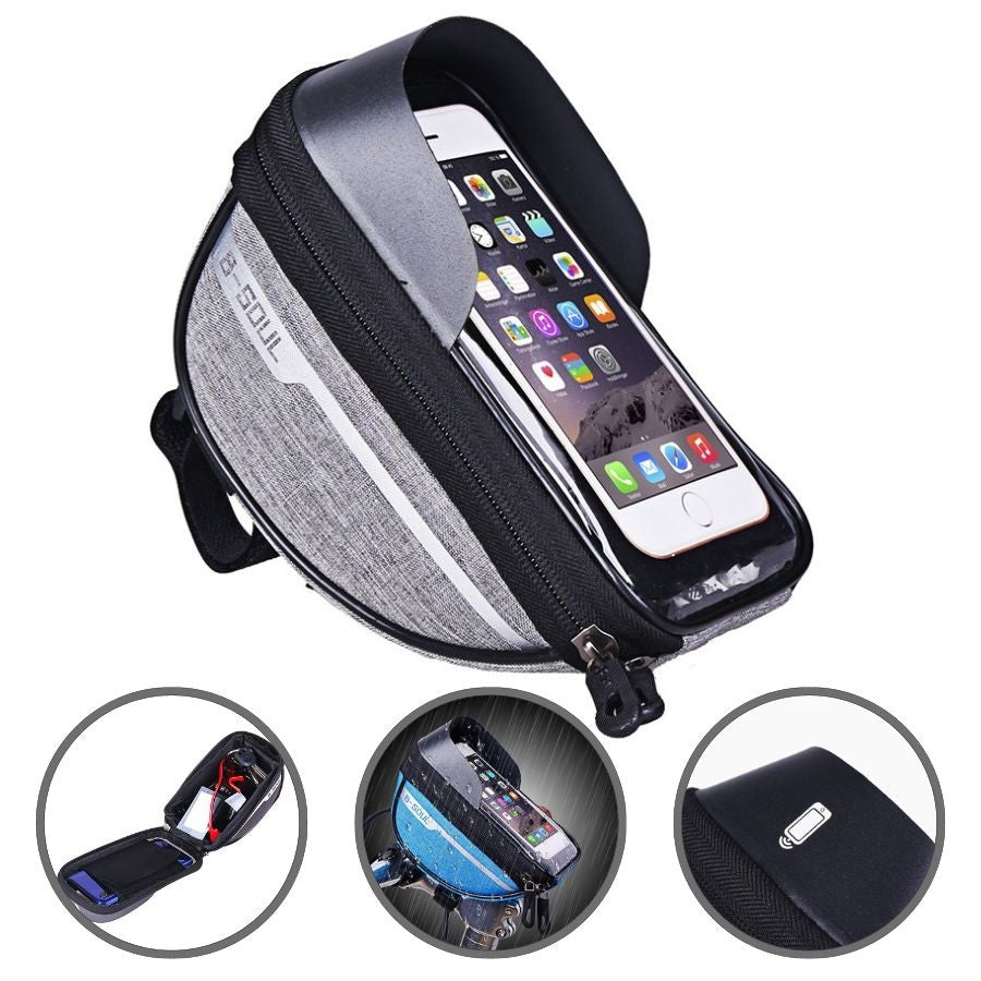 Borseta bicicleta impermeabila cu husa pentru telefon Flippy, montare pe ghidon, compatibila cu telefoane de pana la 16 cm, spatiu depozitare, 18.5x9.5 cm, gri-1