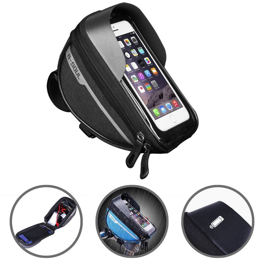 Borseta bicicleta impermeabila cu husa pentru telefon Flippy, montare pe ghidon, compatibila cu telefoane de pana la 16 cm, spatiu depozitare, 18.5x9.5 cm, negru-1