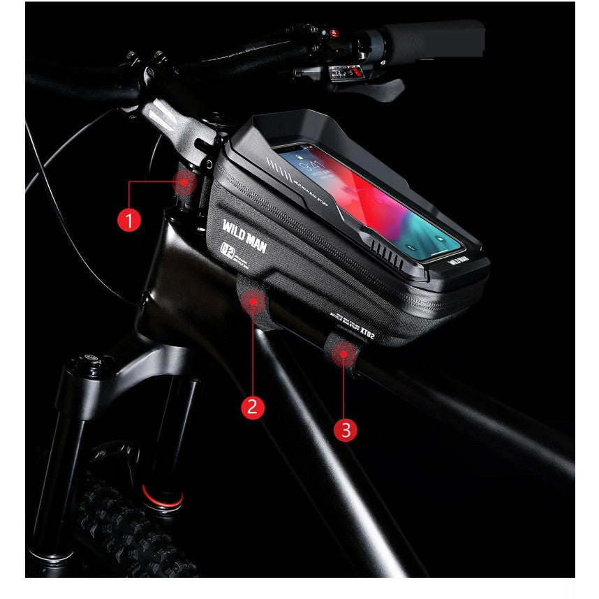 Borseta pentru bicicleta cu suport de telefon Flippy, capcitate 1L, 20.5x11.1x10.5 cm, cu spatiu de stocare, protectie waterproof, ecran tactil, fixare in 3 locuri, protectie lumina, orificiu casti, negru-1