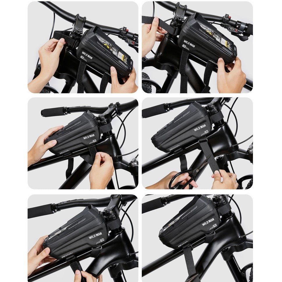 Borseta pentru bicicleta cu suport de telefon Flippy, capcitate 1L, 20.5x11.1x10.5 cm, cu spatiu de stocare, protectie waterproof, ecran tactil, fixare in 3 locuri, protectie lumina, orificiu casti, negru-2