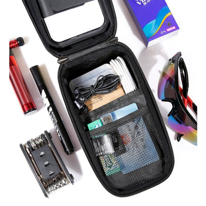 Borseta pentru bicicleta cu suport de telefon Flippy, capcitate 1L, 20.5x11.1x10.5 cm, cu spatiu de stocare, protectie waterproof, ecran tactil, fixare in 3 locuri, protectie lumina, orificiu casti, negru-3