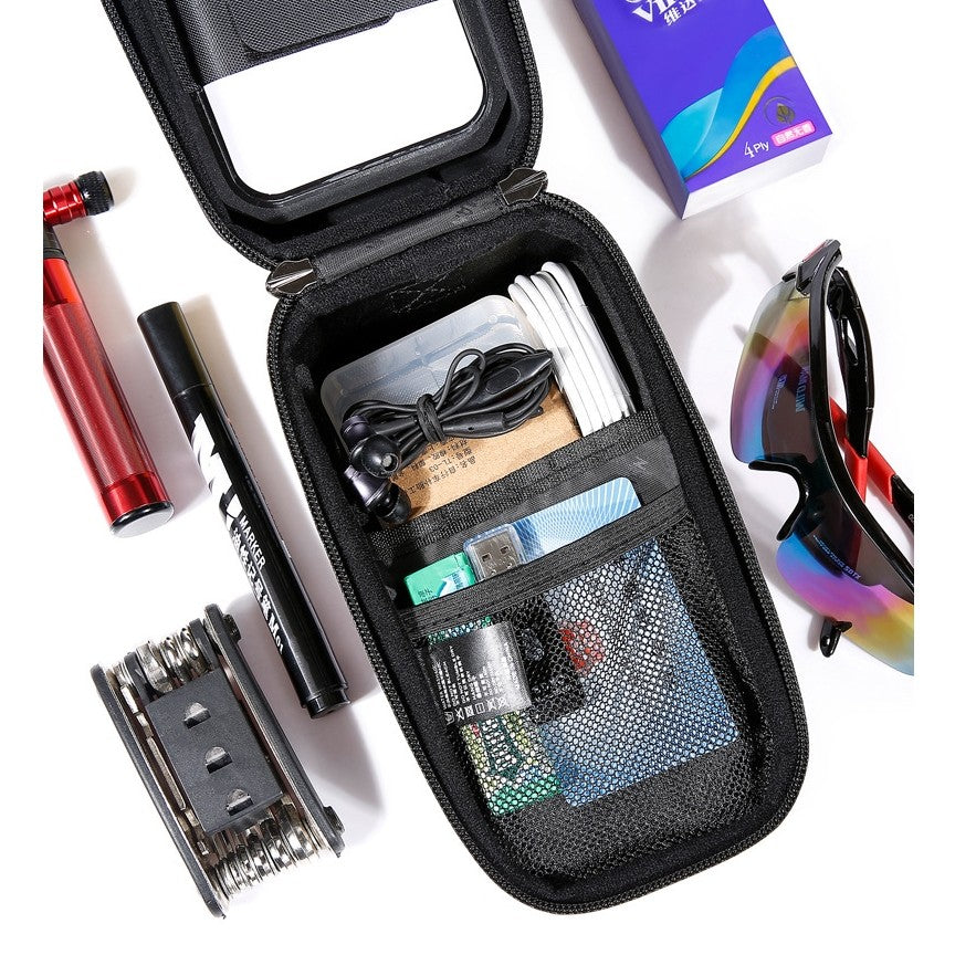 Borseta pentru bicicleta cu suport de telefon Flippy, capcitate 1L, 20.5x11.1x10.5 cm, cu spatiu de stocare, protectie waterproof, ecran tactil, fixare in 3 locuri, protectie lumina, orificiu casti, negru-3