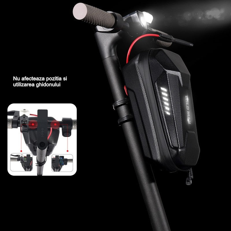 Borseta pentru bicicleta/trotineta Flippy, spatiu de depozitare, antisoc, waterproof, cu fermoar, 3L, material carbon si plastic dur,  pentru trotineta electrica scuter, bicicleta, negru-4