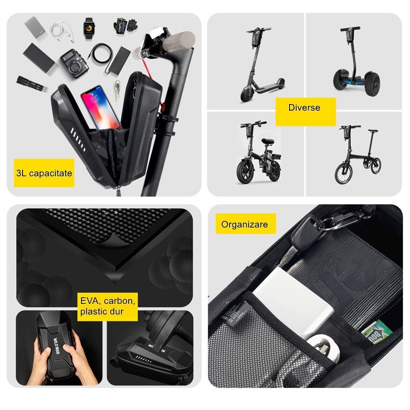 Borseta pentru bicicleta/trotineta Flippy, spatiu de depozitare, antisoc, waterproof, cu fermoar, 3L, material carbon si plastic dur,  pentru trotineta electrica scuter, bicicleta, negru-5