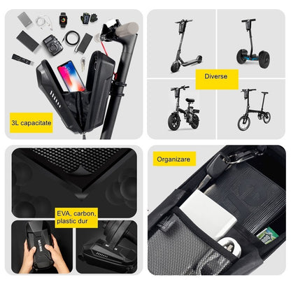 Borseta pentru bicicleta/trotineta Flippy, spatiu de depozitare, antisoc, waterproof, cu fermoar, 3L, material carbon si plastic dur,  pentru trotineta electrica scuter, bicicleta, negru-5