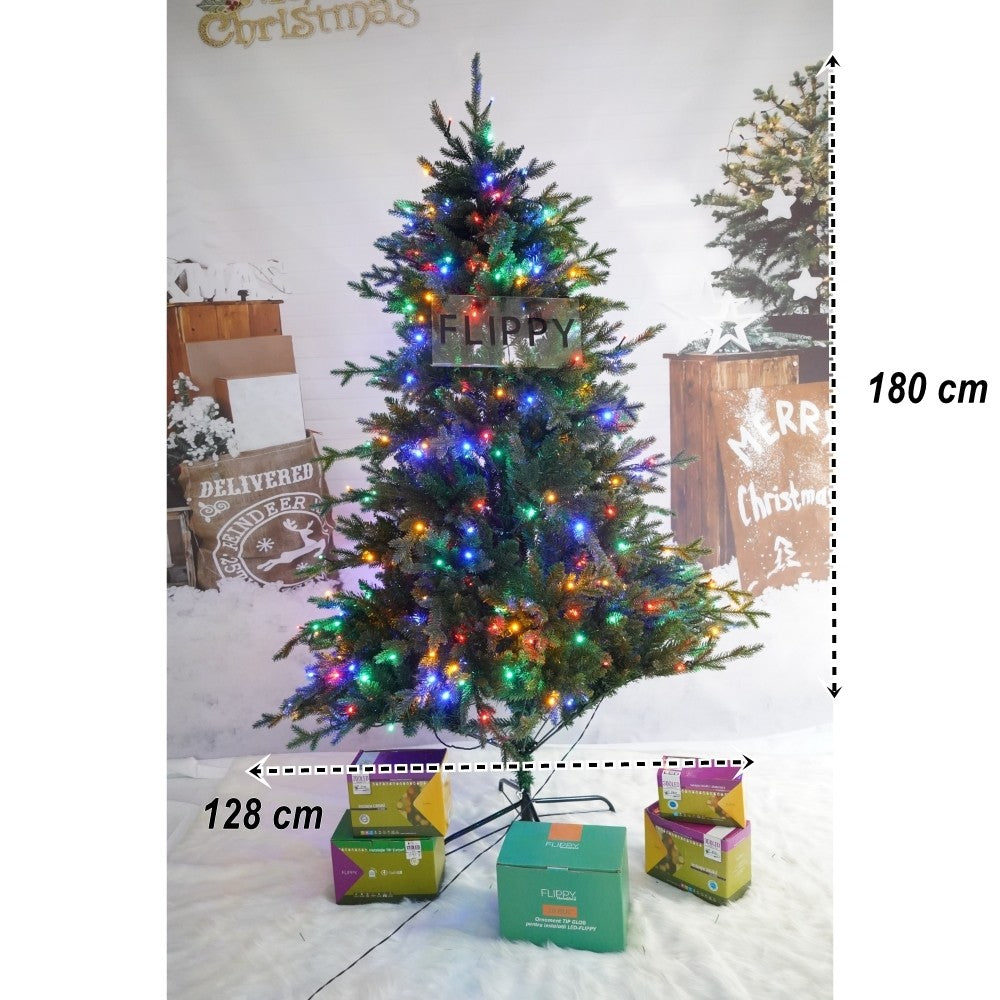 Brad Artificial de Craciun, Becuri led incluse in ramuri, pentru interior/exterior, inaltime 180 cm, diametru 128 cm, 1246 ramuri, Flippy, verde, suport metalic inclus-4