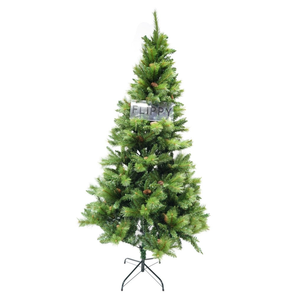 Brad artificial de Craciun, Decorat cu conuri de pin, pentru interior/exterior, inaltime 180 cm, 659 ramuri, Flippy, verde, suport metalic inclus-0