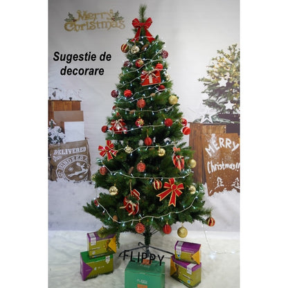 Brad artificial de Craciun, Decorat cu conuri de pin, pentru interior/exterior, inaltime 210 cm, diametru 114 cm, 1057 ramuri, Flippy, verde, suport metalic inclus-4
