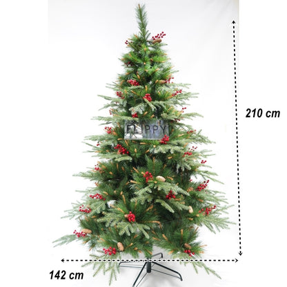 Brad artificial de Craciun, decorat cu conuri pin rosii, pentru interior/exterior, inaltime 210 cm, diametru 142 cm, 767 ramuri, Flippy, verde, suport metalic inclus-3
