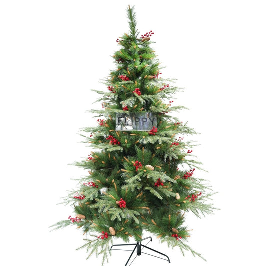 Brad artificial de Craciun, decorat cu conuri pin rosii, pentru interior/exterior, inaltime 210 cm, diametru 142 cm, 767 ramuri, Flippy, verde, suport metalic inclus-0