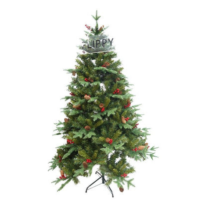 Brad Artificial de Craciun Bogat, Flippy, 1.80 m inaltime, 774 ramuri, Premium, Verde, Decorat cu 56 conuri pin rosii, Interior/ Exterior-0