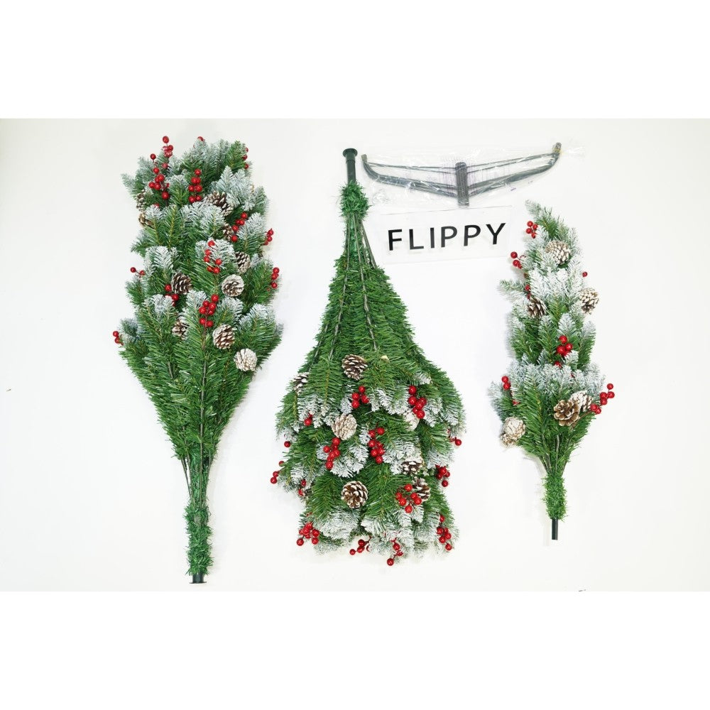 Brad artificial de Craciun nins, decorat cu conuri pin rosii, inaltime 180 cm, diametru 95 cm, 319 ramuri, Flippy, verde, suport metalic inclus-1