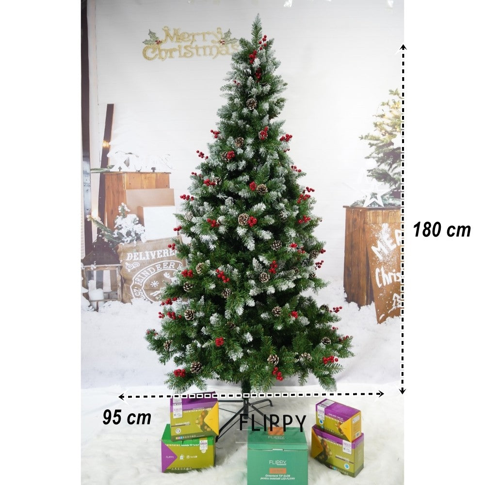 Brad artificial de Craciun nins, decorat cu conuri pin rosii, inaltime 180 cm, diametru 95 cm, 319 ramuri, Flippy, verde, suport metalic inclus-3