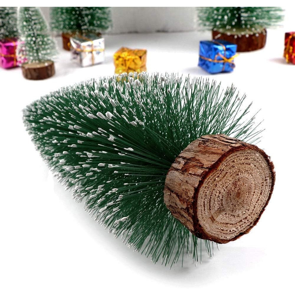 Brad artificial de craciun, ornament pentru masa, pe suport lemn, 10 cm inaltime, Verde inzapezit-2