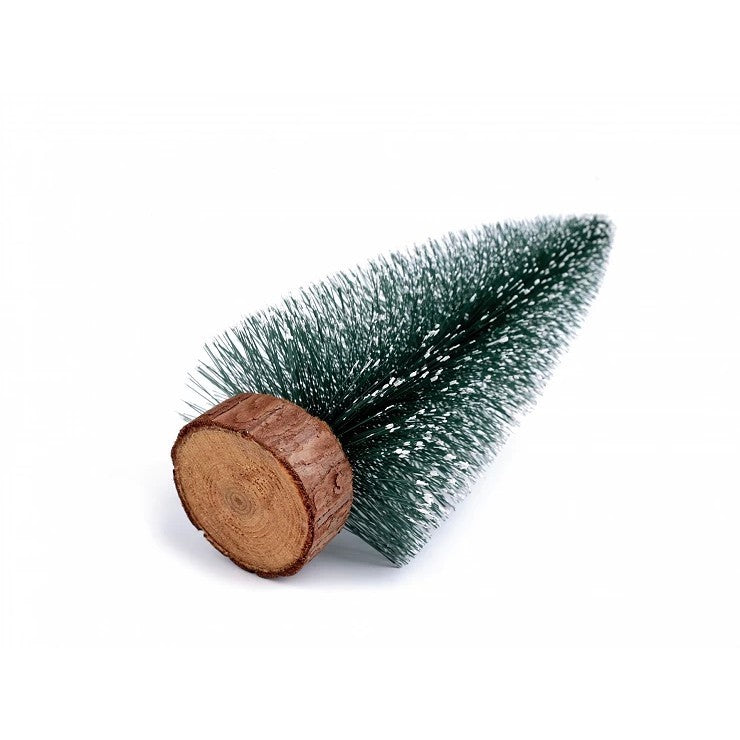 Brad artificial de craciun, ornament pentru masa, pe suport lemn, 10 cm inaltime, Verde inzapezit-4
