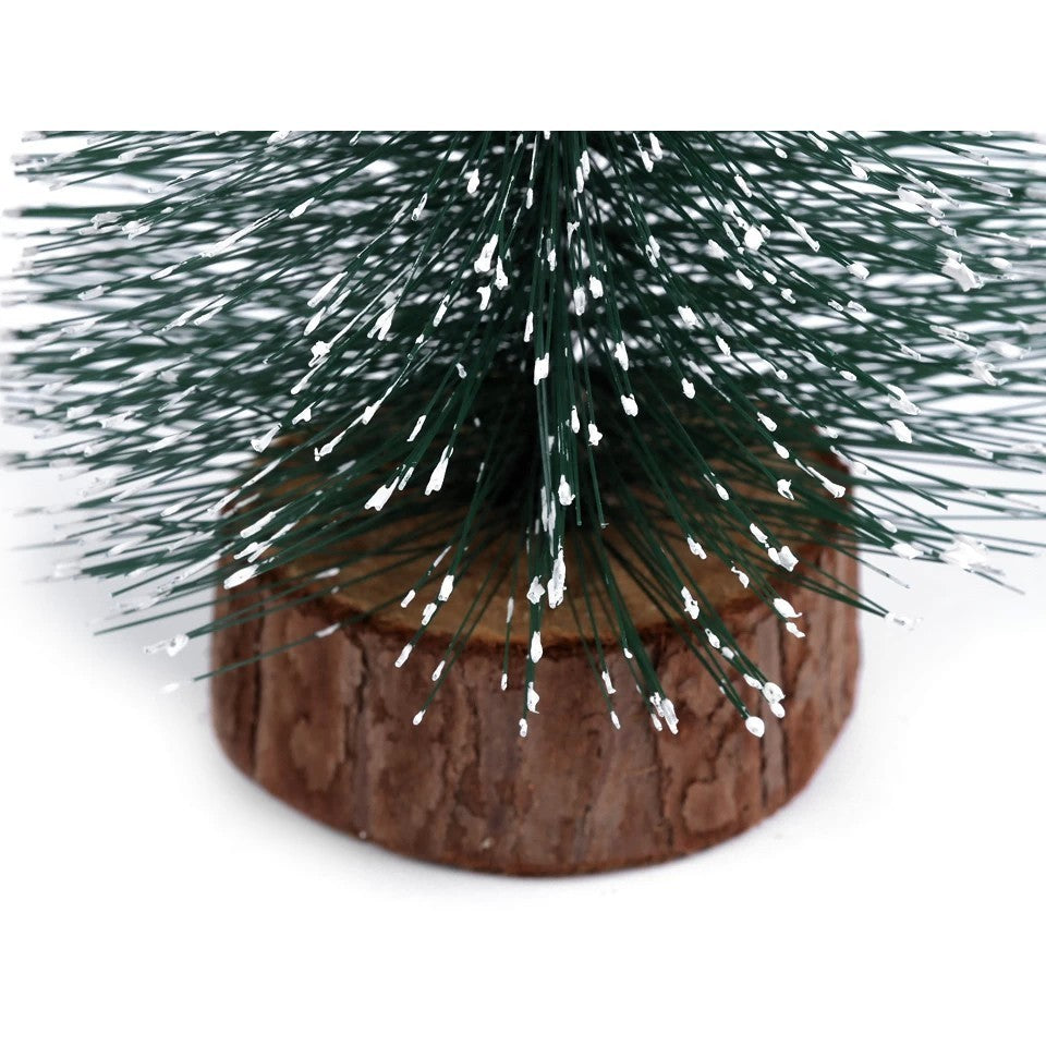 Brad artificial de craciun, ornament pentru masa, pe suport lemn, 10 cm inaltime, Verde inzapezit-5