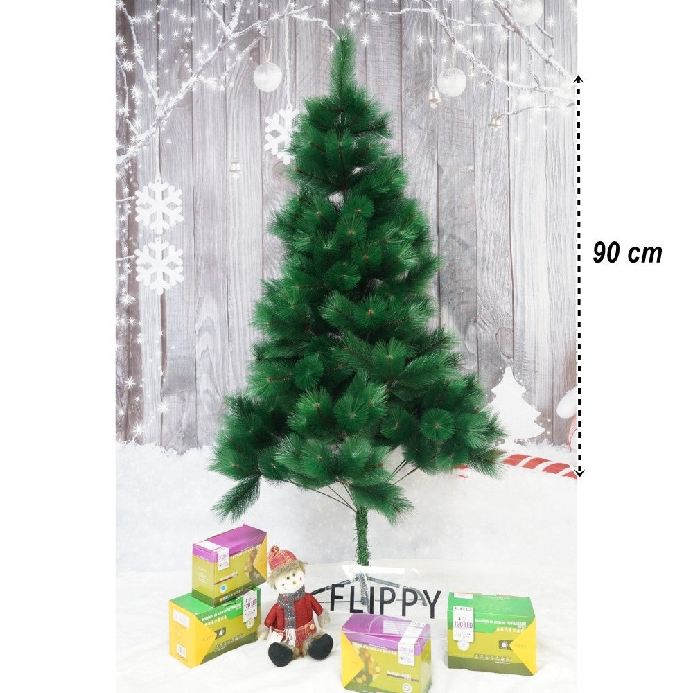 Brad artificial de Craciun tip pin, clasic, pentru interior/exterior, inaltime 90 cm, Flippy, verde, suport de plastic inclus-0