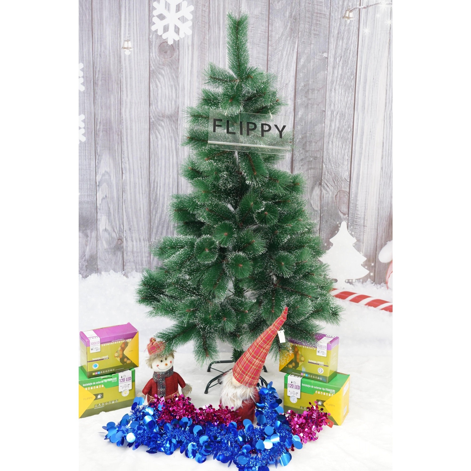 Brad artificial de Craciun tip pin inzapezit, inaltime 150 cm, diametru 85 cm, 160 ramuri cu ace 3D 12 cm, Flippy, verde cu varfuri ninse, suport metalic inclus-1