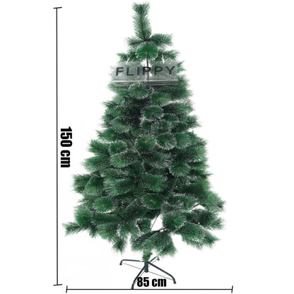 Brad artificial de Craciun tip pin inzapezit, inaltime 150 cm, diametru 85 cm, 160 ramuri cu ace 3D 12 cm, Flippy, verde cu varfuri ninse, suport metalic inclus-5