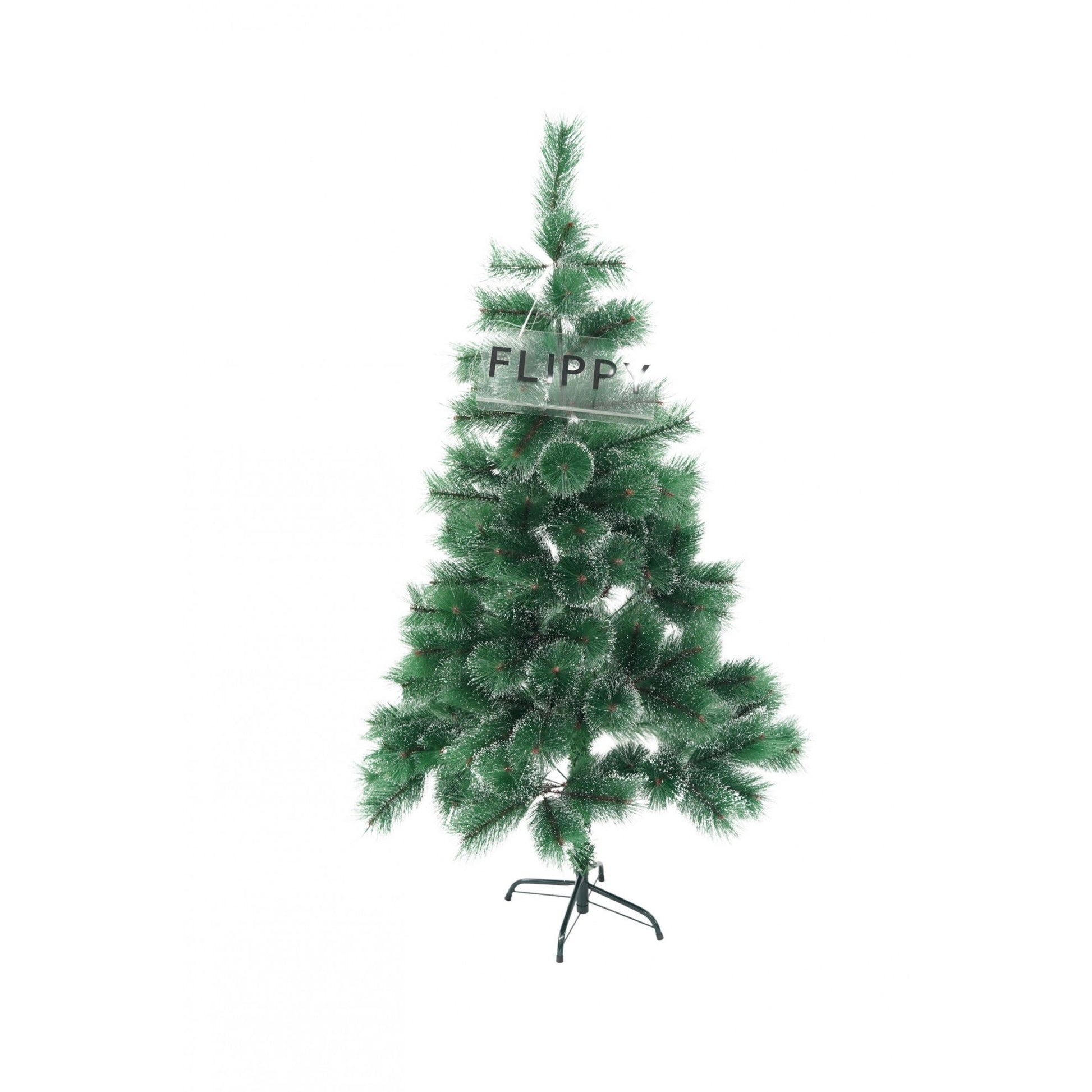 Brad artificial de Craciun tip pin inzapezit, inaltime 150 cm, diametru 85 cm, 160 ramuri cu ace 3D 12 cm, Flippy, verde cu varfuri ninse, suport metalic inclus-0