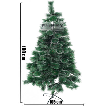 Brad artificial de Craciun tip pin inzapezit, inaltime 180 cm, diametru 105 cm, 260 ramuri cu ace 3D 12 cm, Flippy, verde cu varfuri ninse, suport metalic inclus-3
