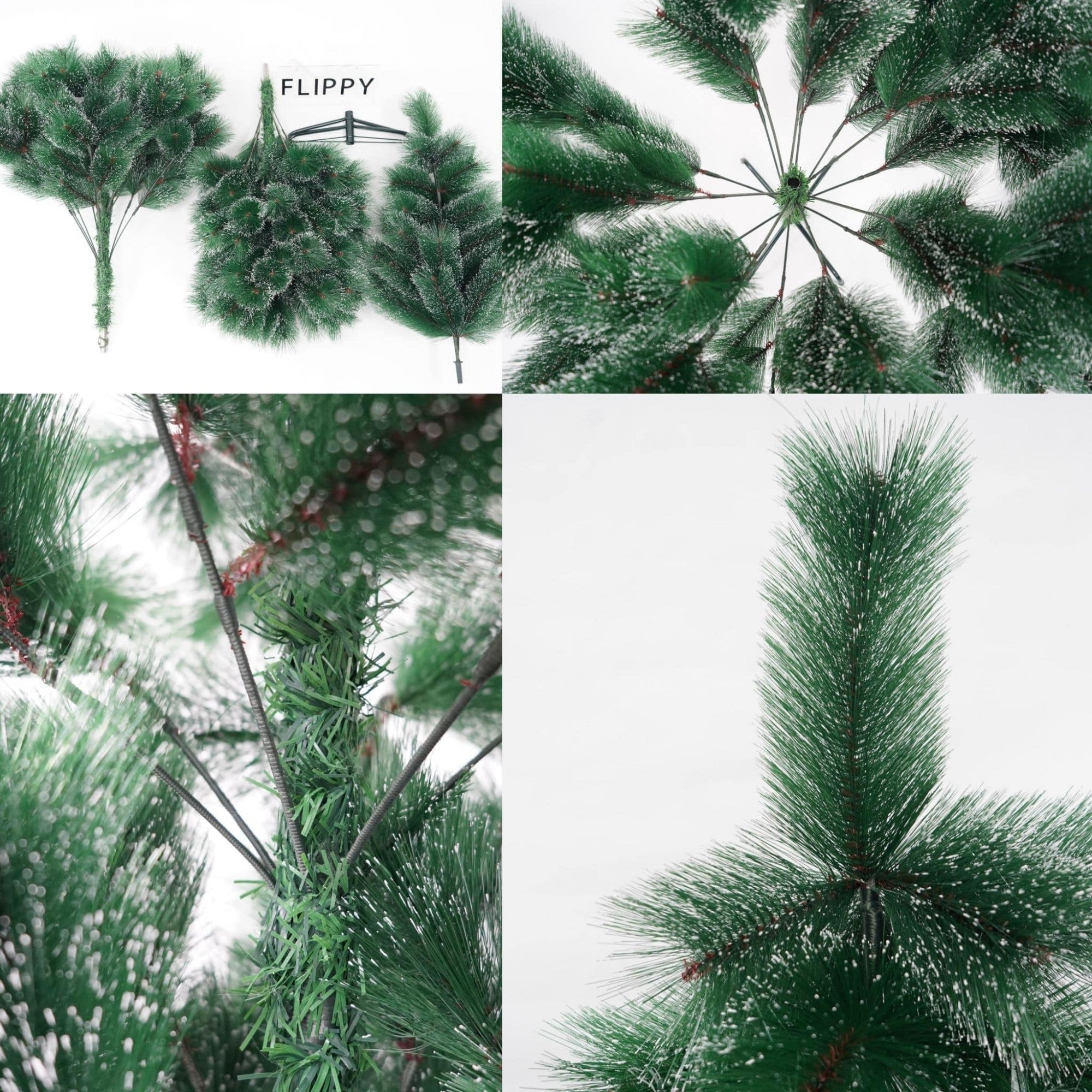 Brad artificial de Craciun tip pin inzapezit, inaltime 180 cm, diametru 105 cm, 260 ramuri cu ace 3D 12 cm, Flippy, verde cu varfuri ninse, suport metalic inclus-5
