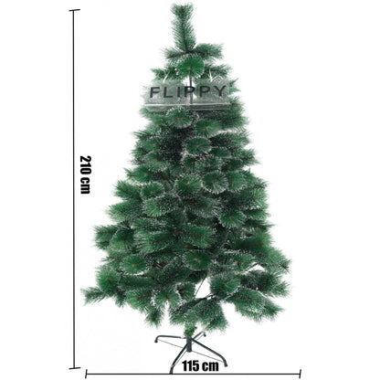 Brad artificial de Craciun tip pin inzapezit, inaltime 210 cm, diametru 115 cm, 350 ramuri cu ace 3D 12 cm, Flippy, verde cu varfuri ninse, suport metalic inclus-3
