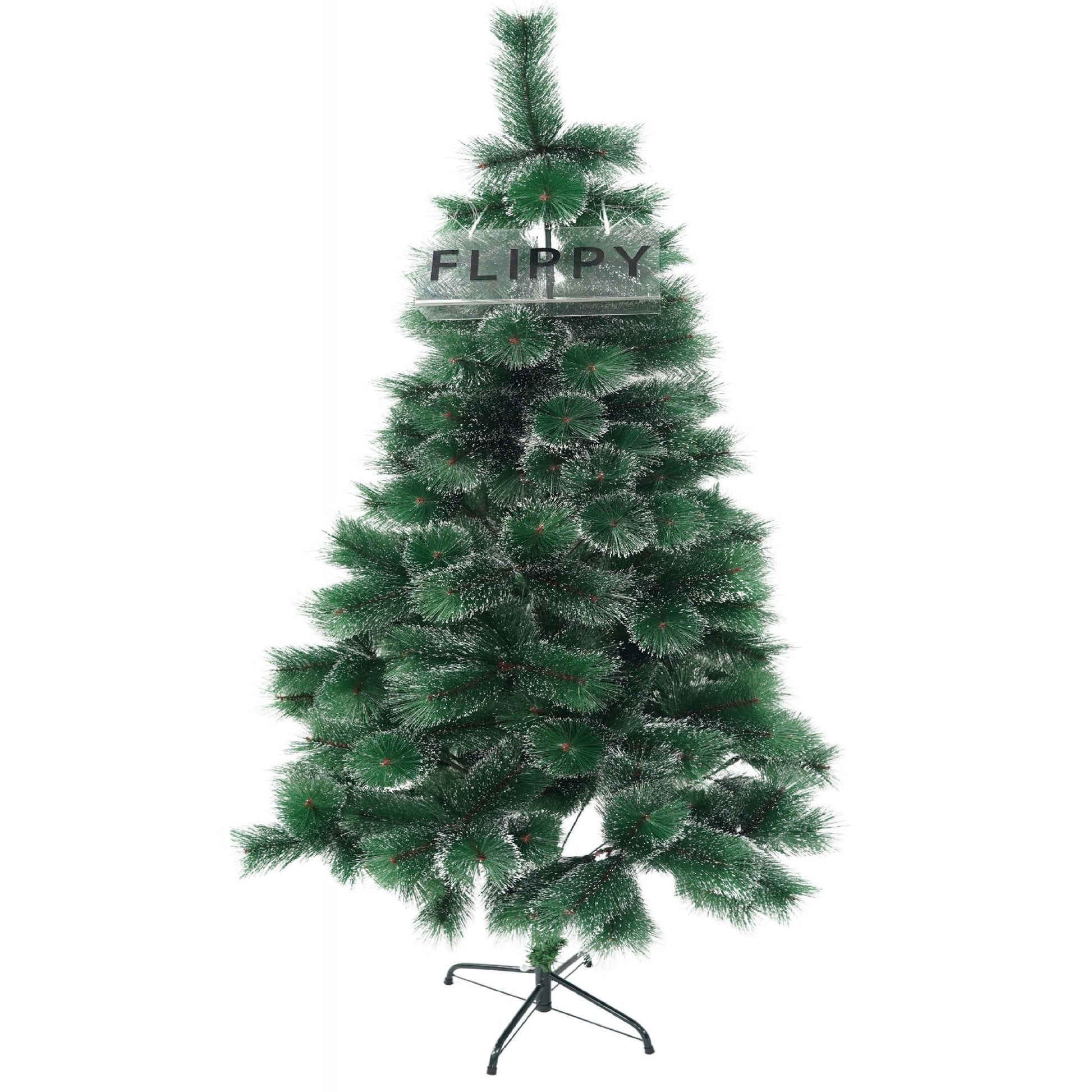 Brad artificial de Craciun tip pin inzapezit, inaltime 210 cm, diametru 115 cm, 350 ramuri cu ace 3D 12 cm, Flippy, verde cu varfuri ninse, suport metalic inclus-0
