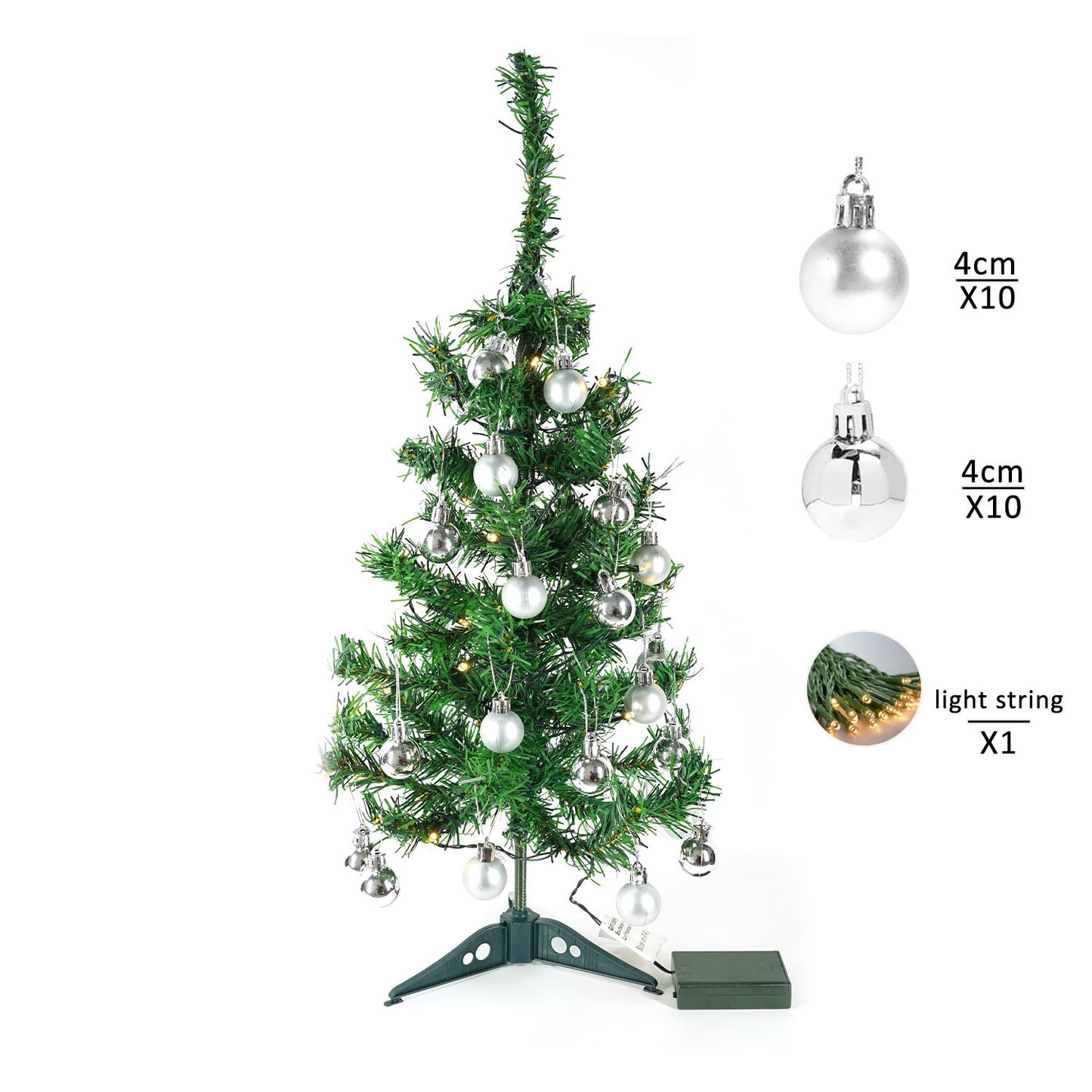 Brad Artificial Impodobit, 60 cm, suport plastic cu instalatie luminoasa 20 LED alb cald + 20 globuri argintii incluse, Flippy-1