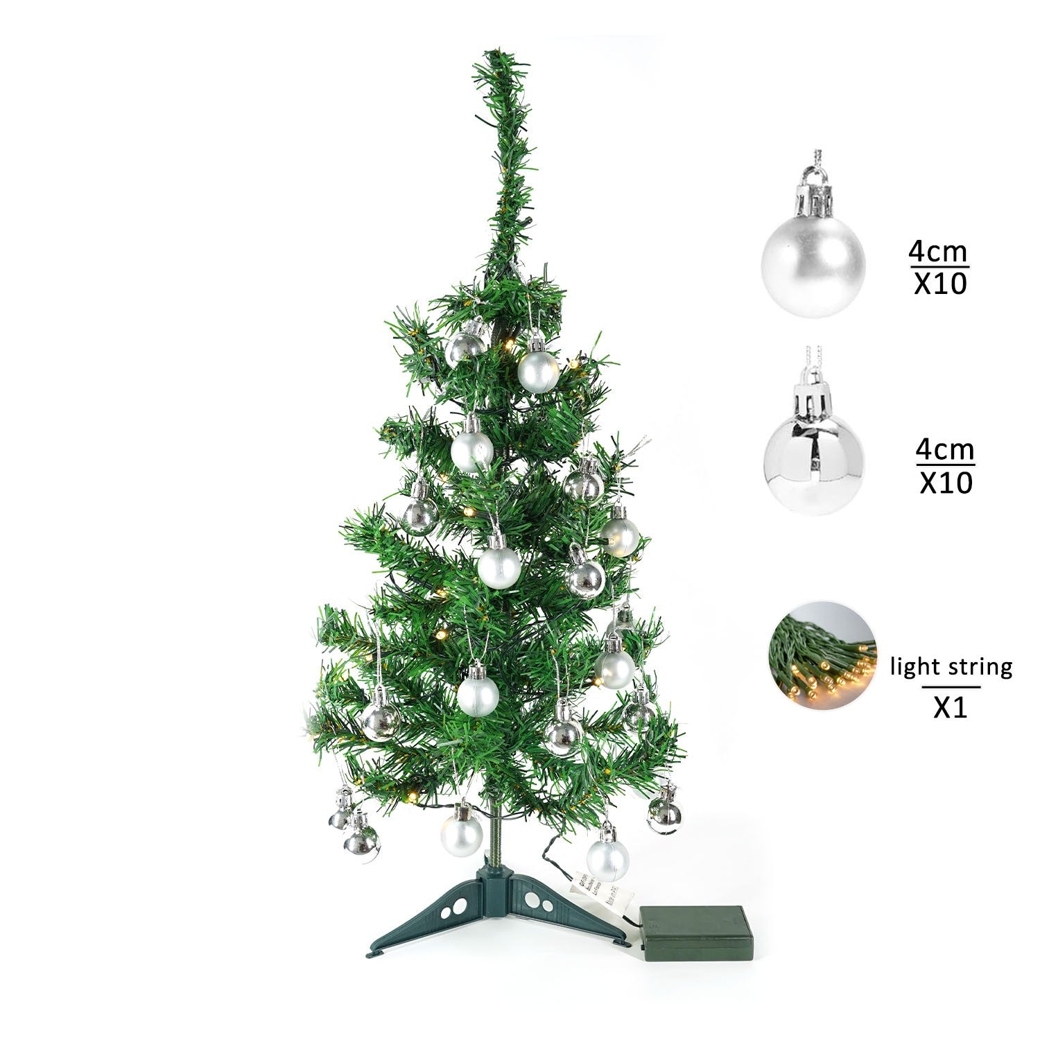 Brad Artificial Impodobit, 60 cm, suport plastic cu instalatie luminoasa 20 LED alb cald + 20 globuri argintii incluse, Flippy-1