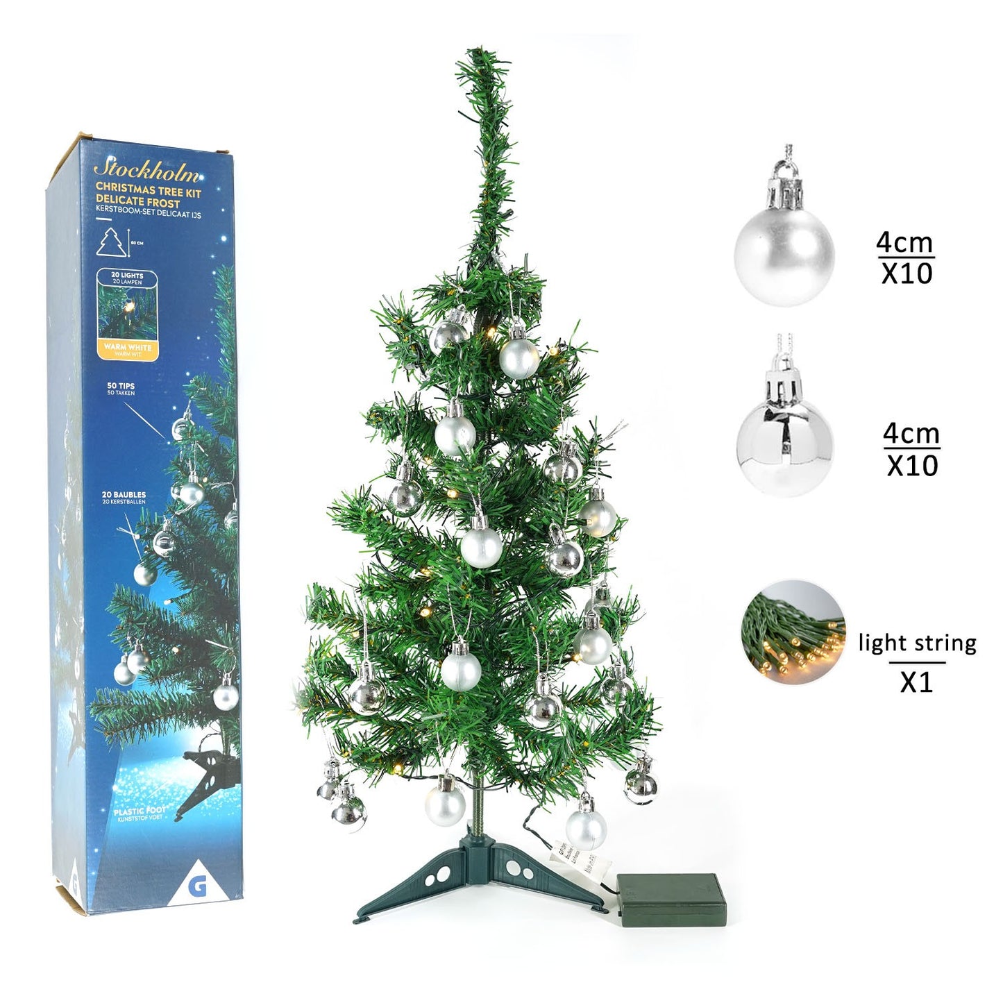 Brad Artificial Impodobit, 60 cm, suport plastic cu instalatie luminoasa 20 LED alb cald + 20 globuri argintii incluse, Flippy-2