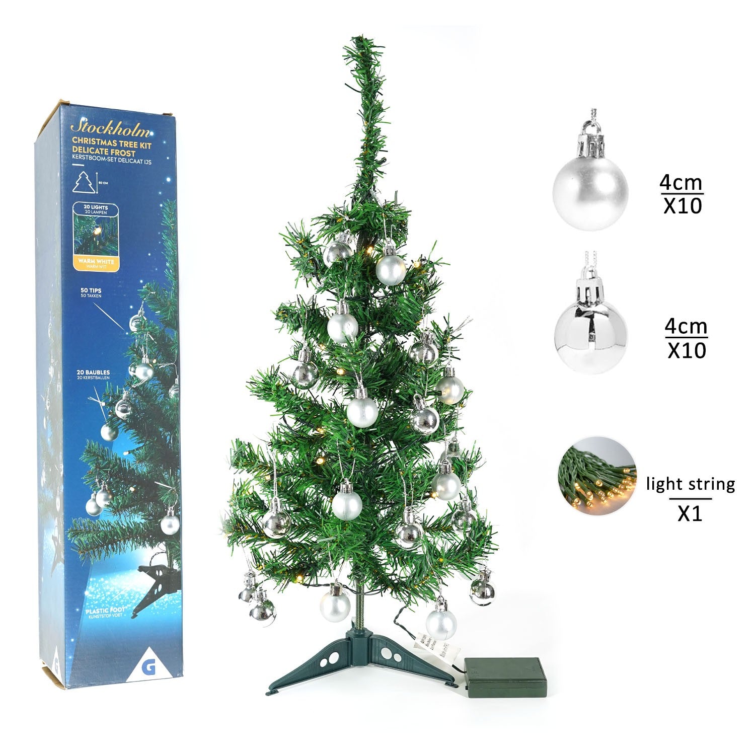 Brad Artificial Impodobit, 60 cm, suport plastic cu instalatie luminoasa 20 LED alb cald + 20 globuri argintii incluse, Flippy-2
