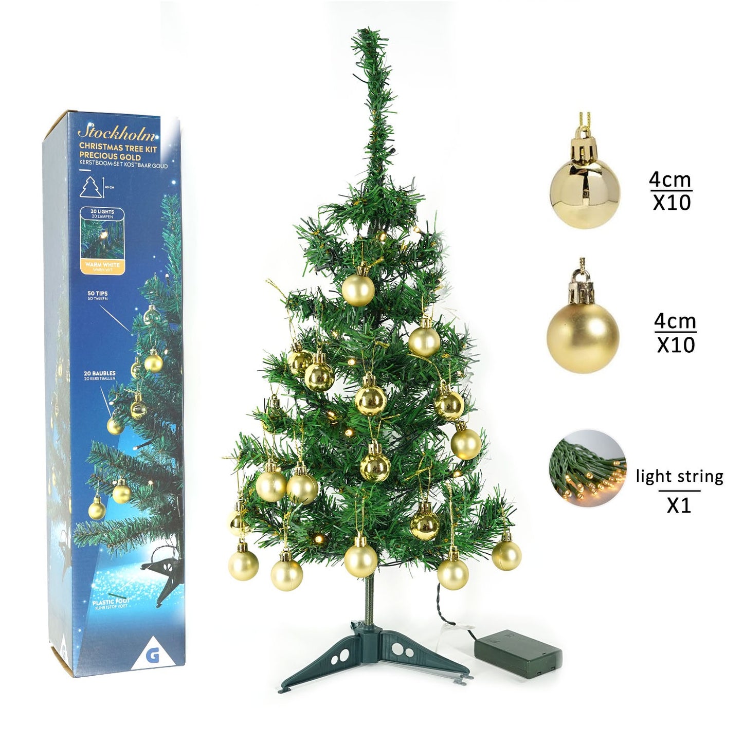 Brad Artificial Impodobit, 60 cm, suport plastic, cu instalatie luminoasa 20 LED alb cald + 20 globuri aurii incluse, Flippy-3