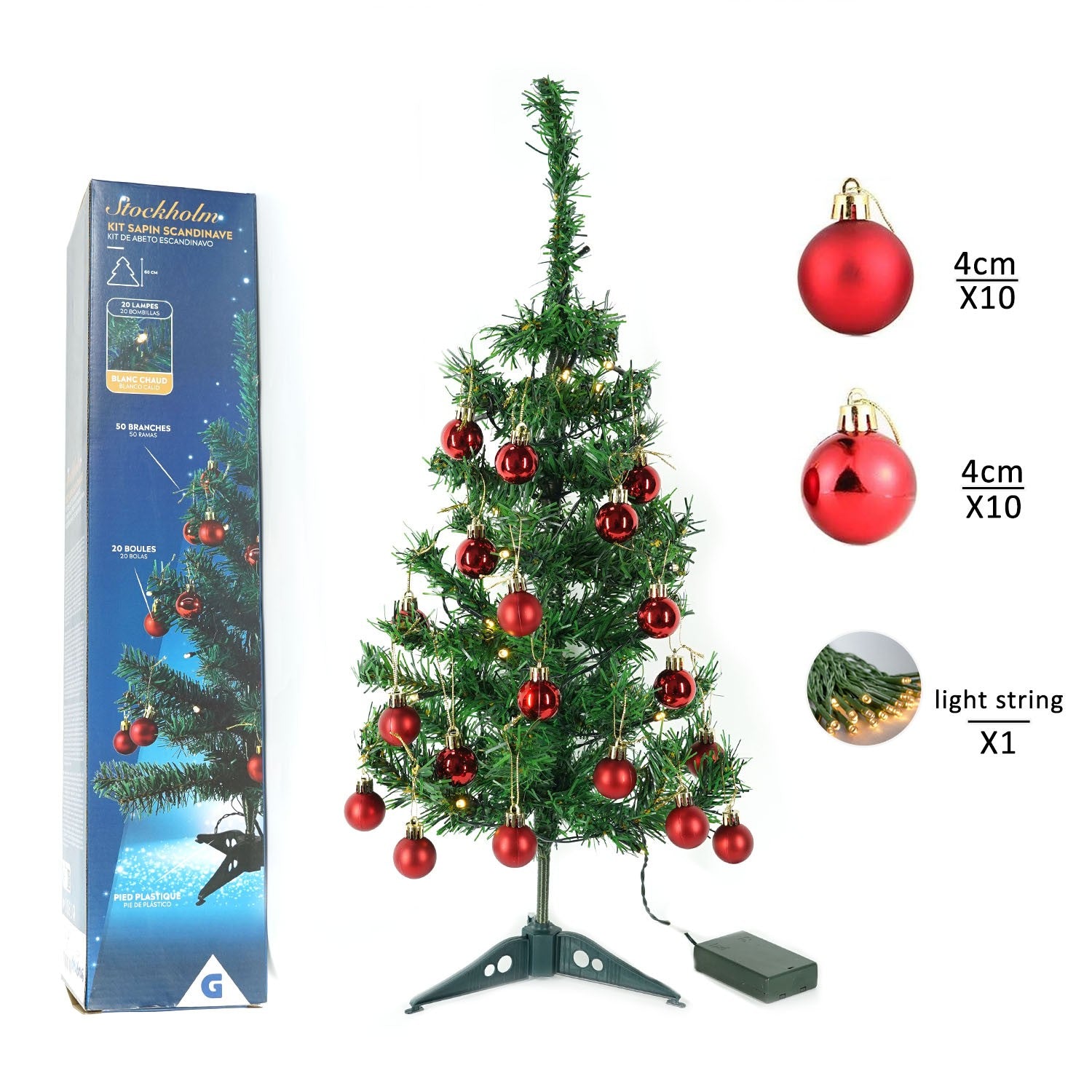 Brad Artificial Impodobit, 60 cm, suport plastic cu instalatie luminoasa 20 LED alb cald + 20 globuri rosii incluse, Flippy-2