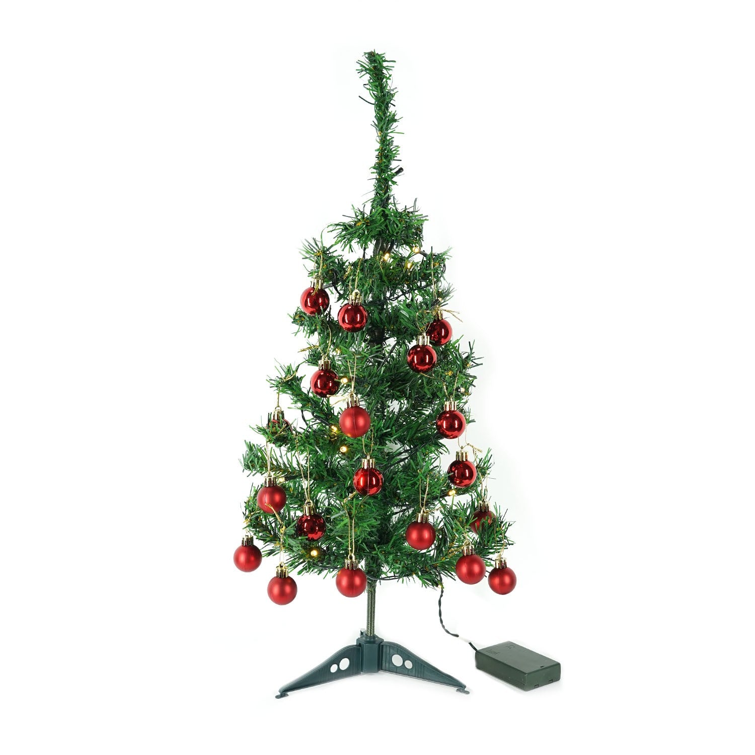 Brad Artificial Impodobit, 60 cm, suport plastic cu instalatie luminoasa 20 LED alb cald + 20 globuri rosii incluse, Flippy-3