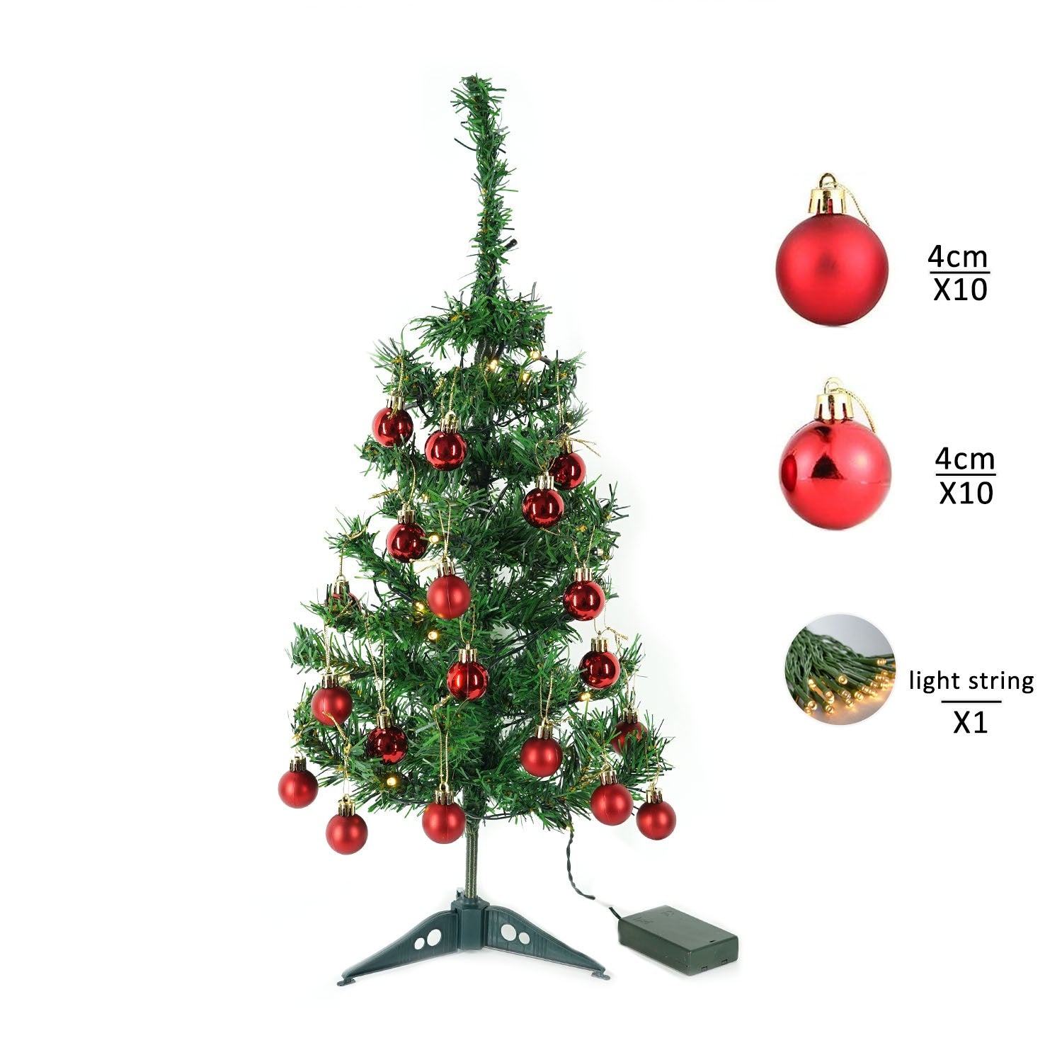 Brad Artificial Impodobit, 60 cm, suport plastic cu instalatie luminoasa 20 LED alb cald + 20 globuri rosii incluse, Flippy-8