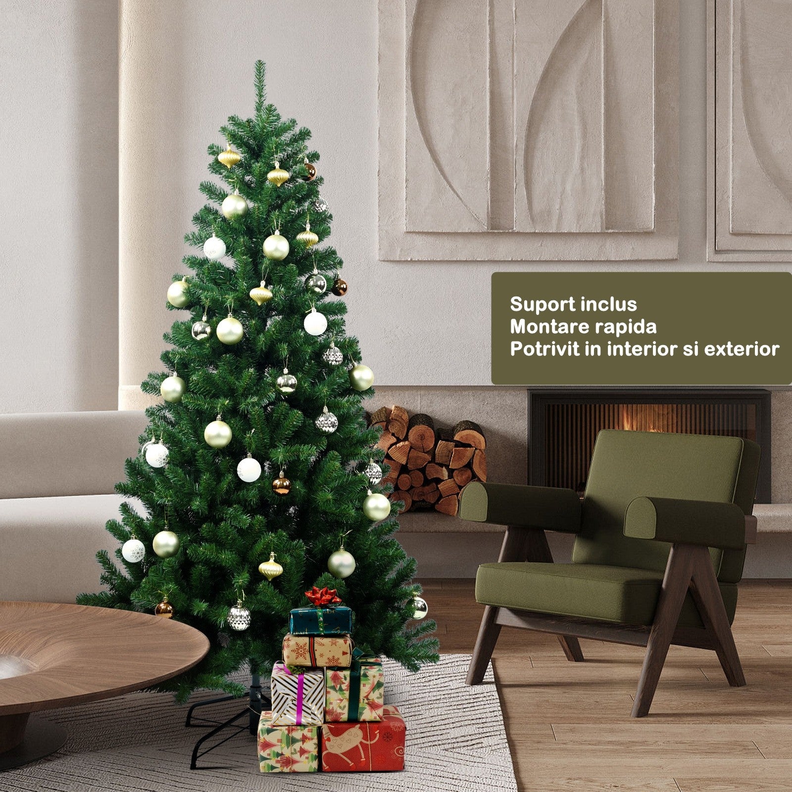 Brad de Craciun artificial cu suport inclus Flippy, 180 cm, 600 ramuri/varfuri, material plastic, suport clasic, fara iluminare, utilizat pentru interior/exterior, verde-7
