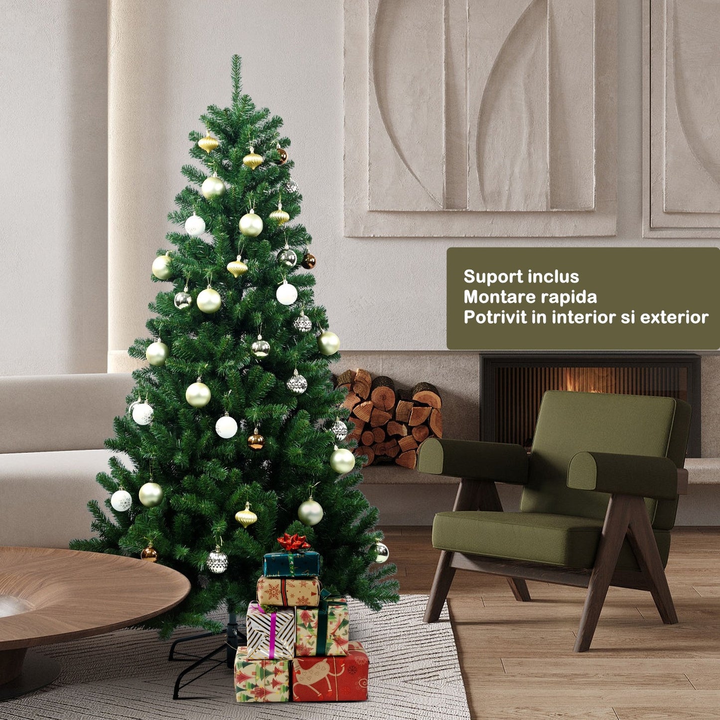 Brad de Craciun artificial cu suport inclus Flippy, 210 cm, 800 ramuri/varfuri, material plastic, suport clasic, fara iluminare, utilizat pentru interior/exterior, verde-7