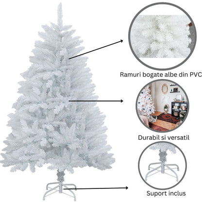 Brad de Craciun artificial cu suport inclus Flippy, 210 cm, 800 ramuri/varfuri, material plastic, suport clasic, fara iluminare, utilizat pentru interior/exterior, alb-6