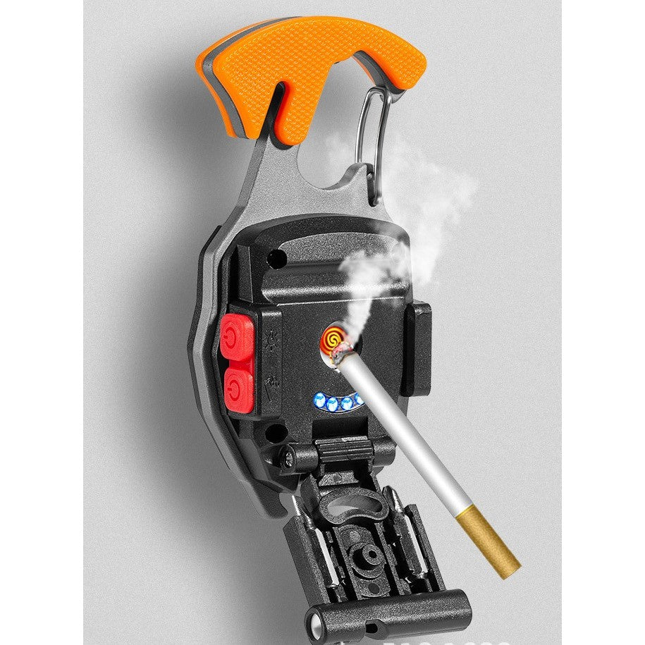 Breloc Multifunctional, Flippy, Model W5147, Kit Supravietuire, Lanterna, Bricheta, Fluier, din ABS/Aluminiu, Alimentare USB, Negru/Portocaliu-5