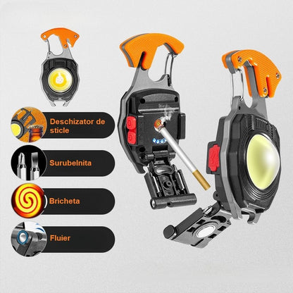 Breloc Multifunctional, Flippy, Model W5147, Kit Supravietuire, Lanterna, Bricheta, Fluier, din ABS/Aluminiu, Alimentare USB, Negru/Portocaliu-14