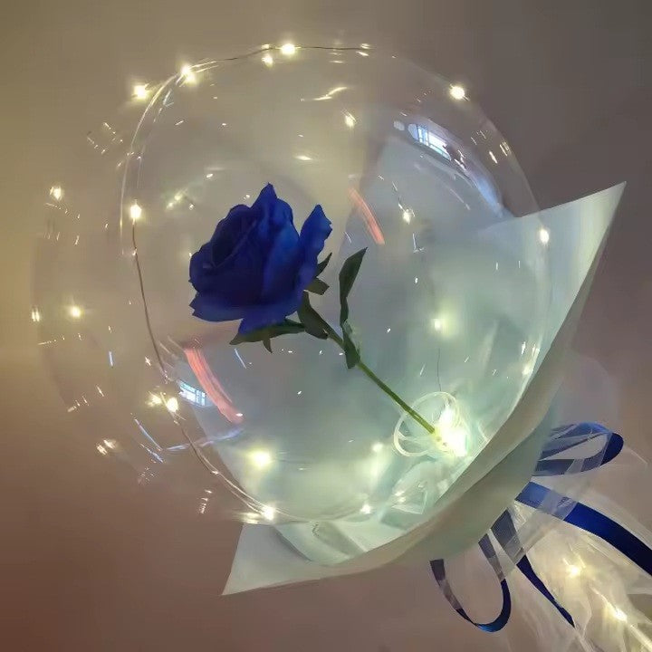 Buchet Decorativ, Flippy, Trandafir in Balon cu Lumini Led, Diametru 35 cm, 2 x Baterii AA (neincluse), Albastru/Alb-2