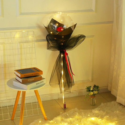 Buchet Decorativ, Flippy, Trandafir in Balon cu Lumini Led, Diametru 35 cm, 2 x Baterii AA (neincluse), Rosu/Negru-1