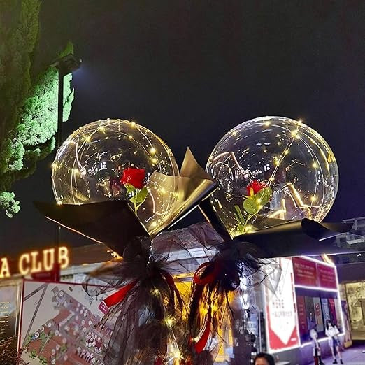 Buchet Decorativ, Flippy, Trandafir in Balon cu Lumini Led, Diametru 35 cm, 2 x Baterii AA (neincluse), Rosu/Negru-2