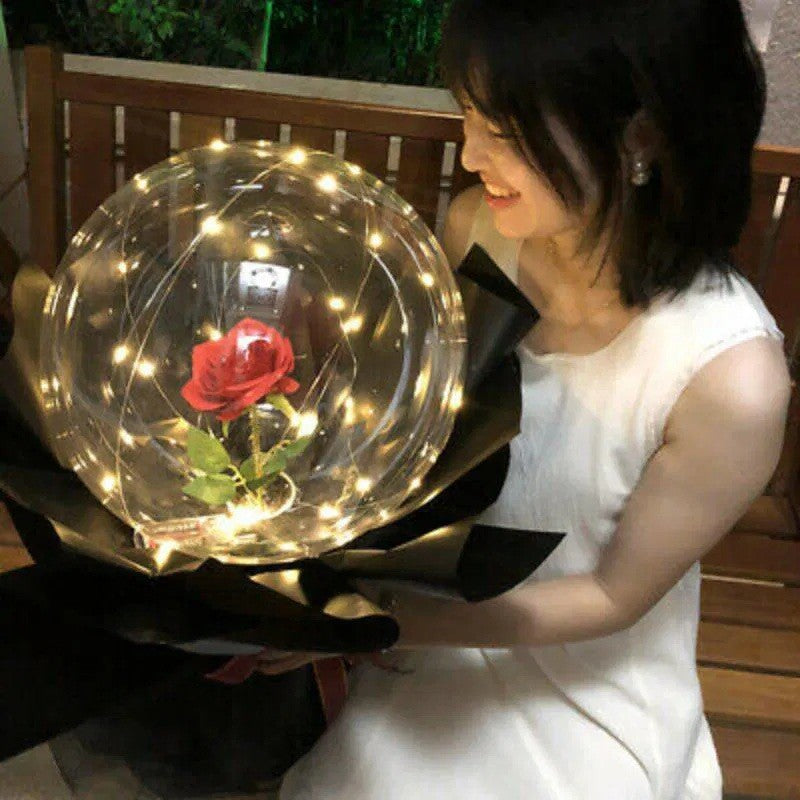 Buchet Decorativ, Flippy, Trandafir in Balon cu Lumini Led, Diametru 35 cm, 2 x Baterii AA (neincluse), Rosu/Negru-5